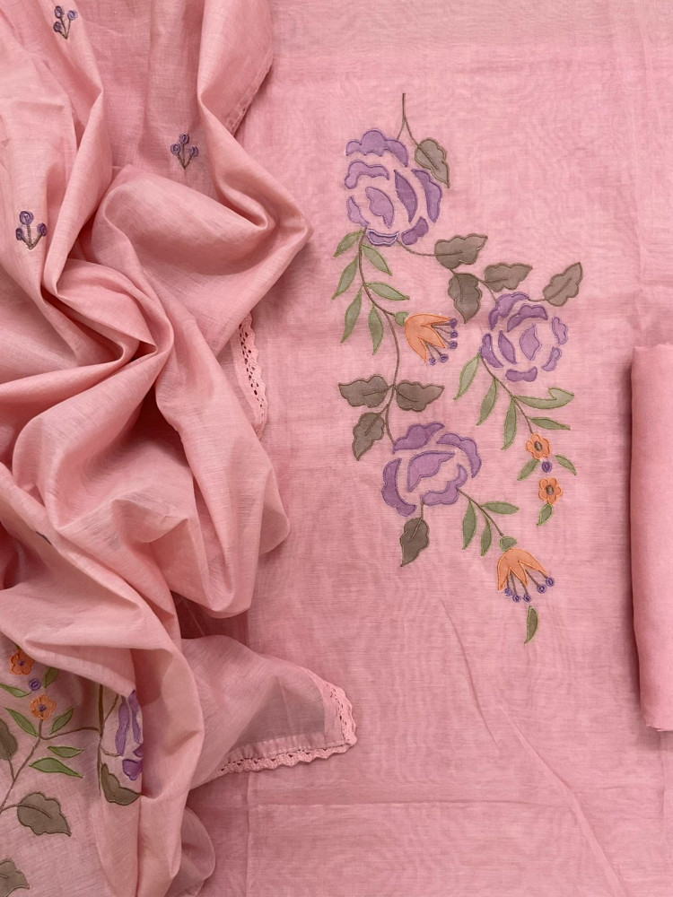 Image of Pure Chanderi Embroidered Suit - Pink