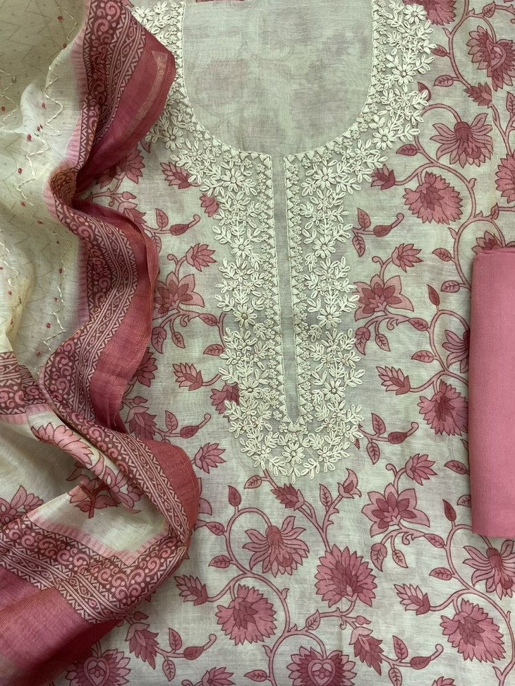 Image of Soft Tissue Slub Cotton Printed Embroidered Suit - Beige