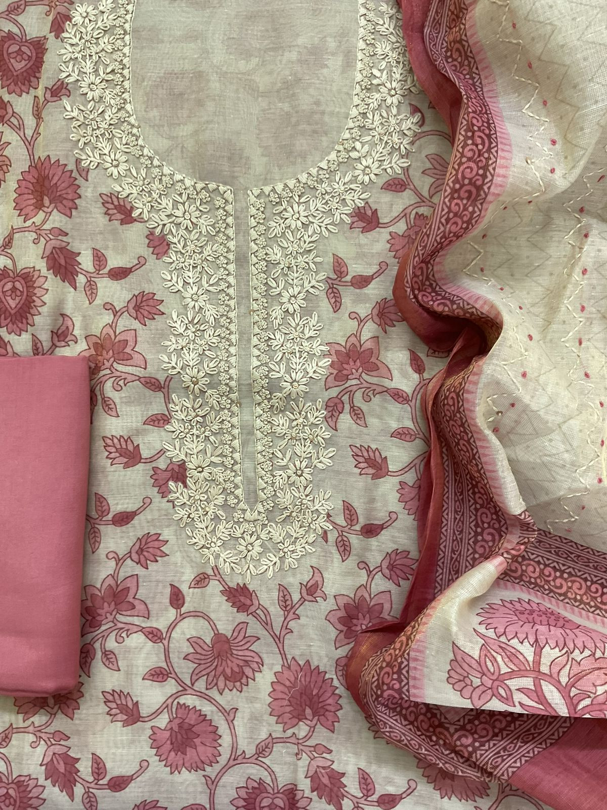 Soft Tissue Slub Cotton Printed Embroidered Suit - Beige