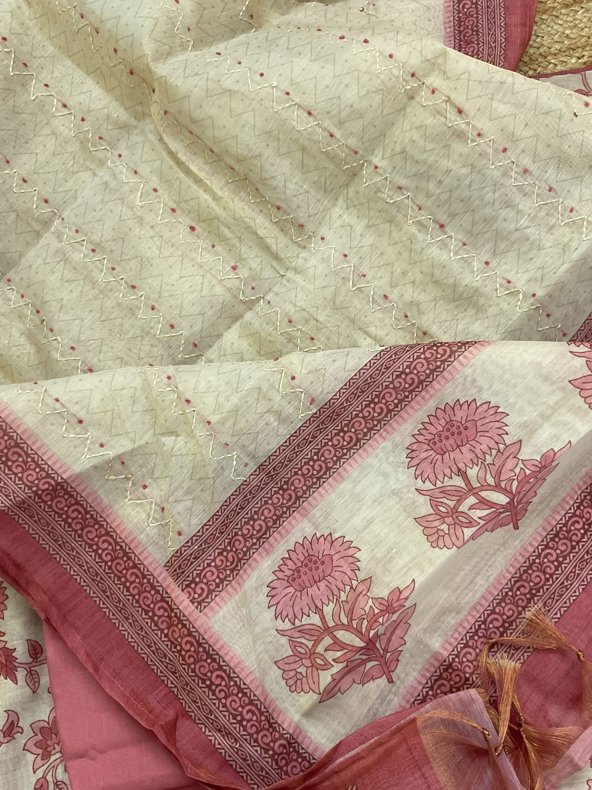 Soft Tissue Slub Cotton Printed Embroidered Suit - Beige