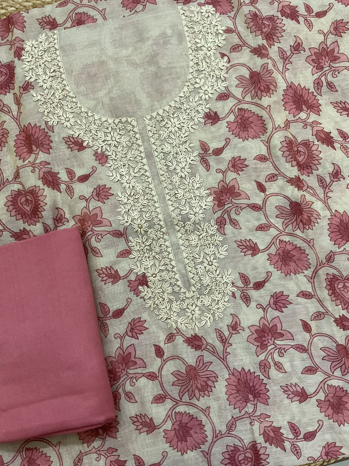 Soft Tissue Slub Cotton Printed Embroidered Suit - Beige