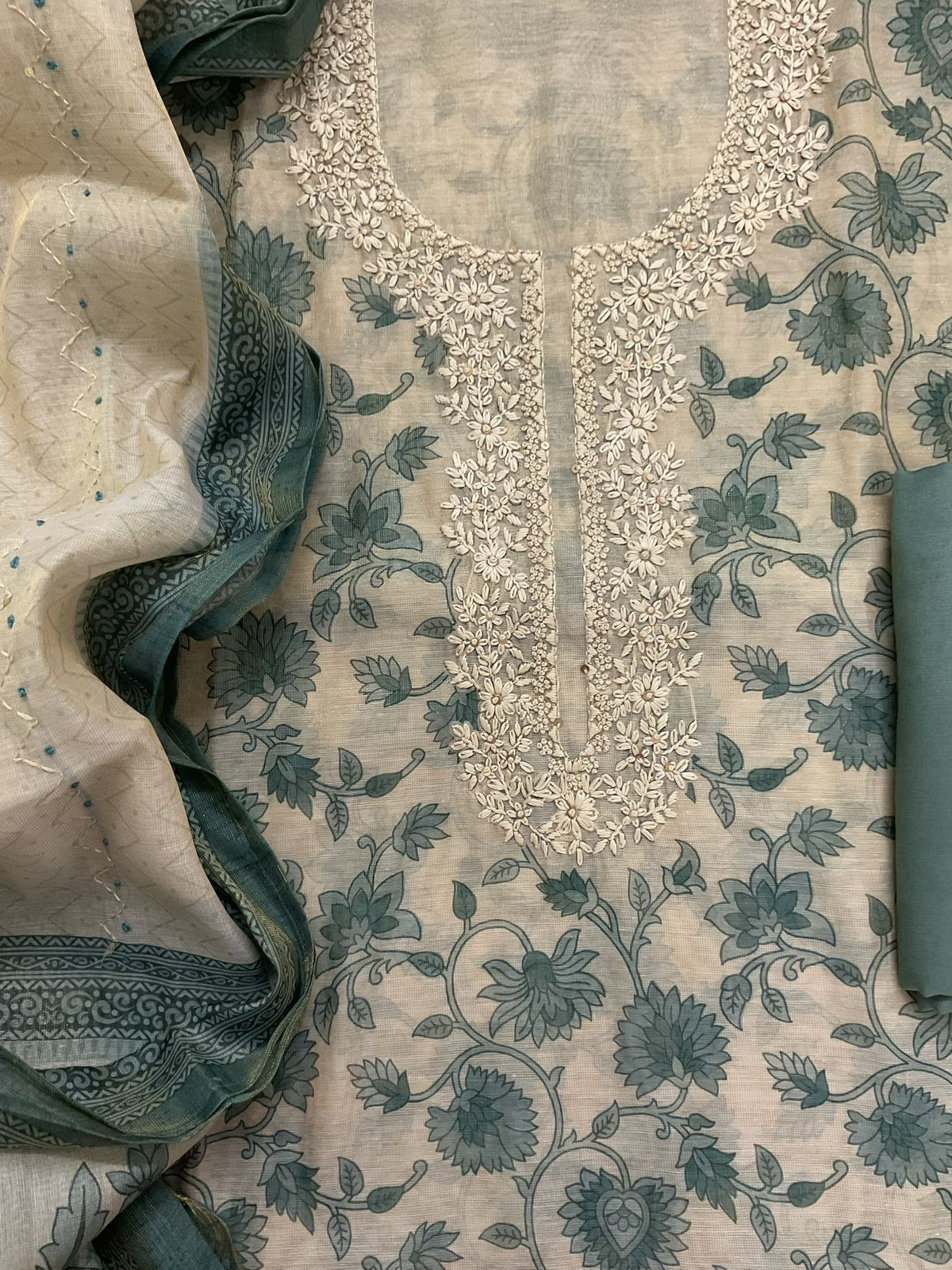 Soft Tissue Slub Cotton Printed Embroidered Suit - Beige