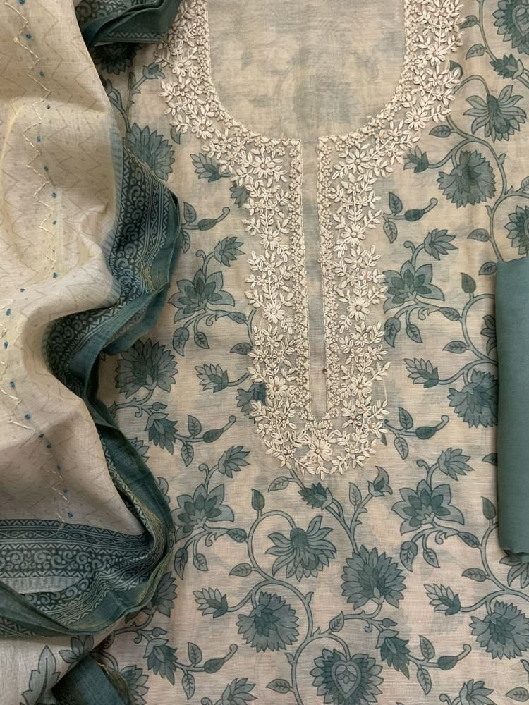 Image of Soft Tissue Slub Cotton Printed Embroidered Suit - Beige