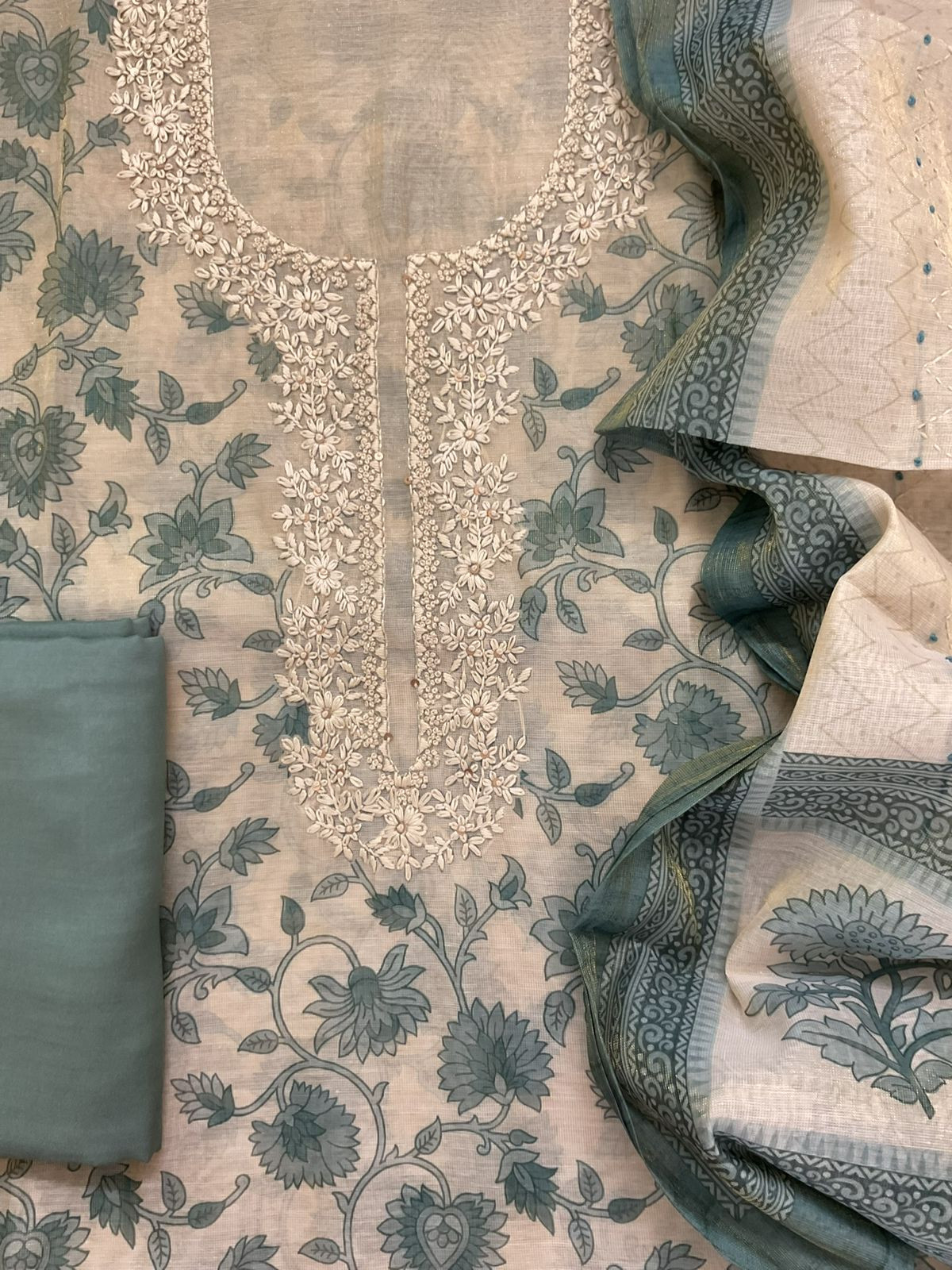 Soft Tissue Slub Cotton Printed Embroidered Suit - Beige