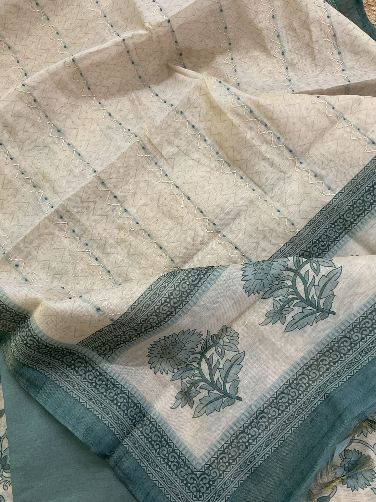 Soft Tissue Slub Cotton Printed Embroidered Suit - Beige