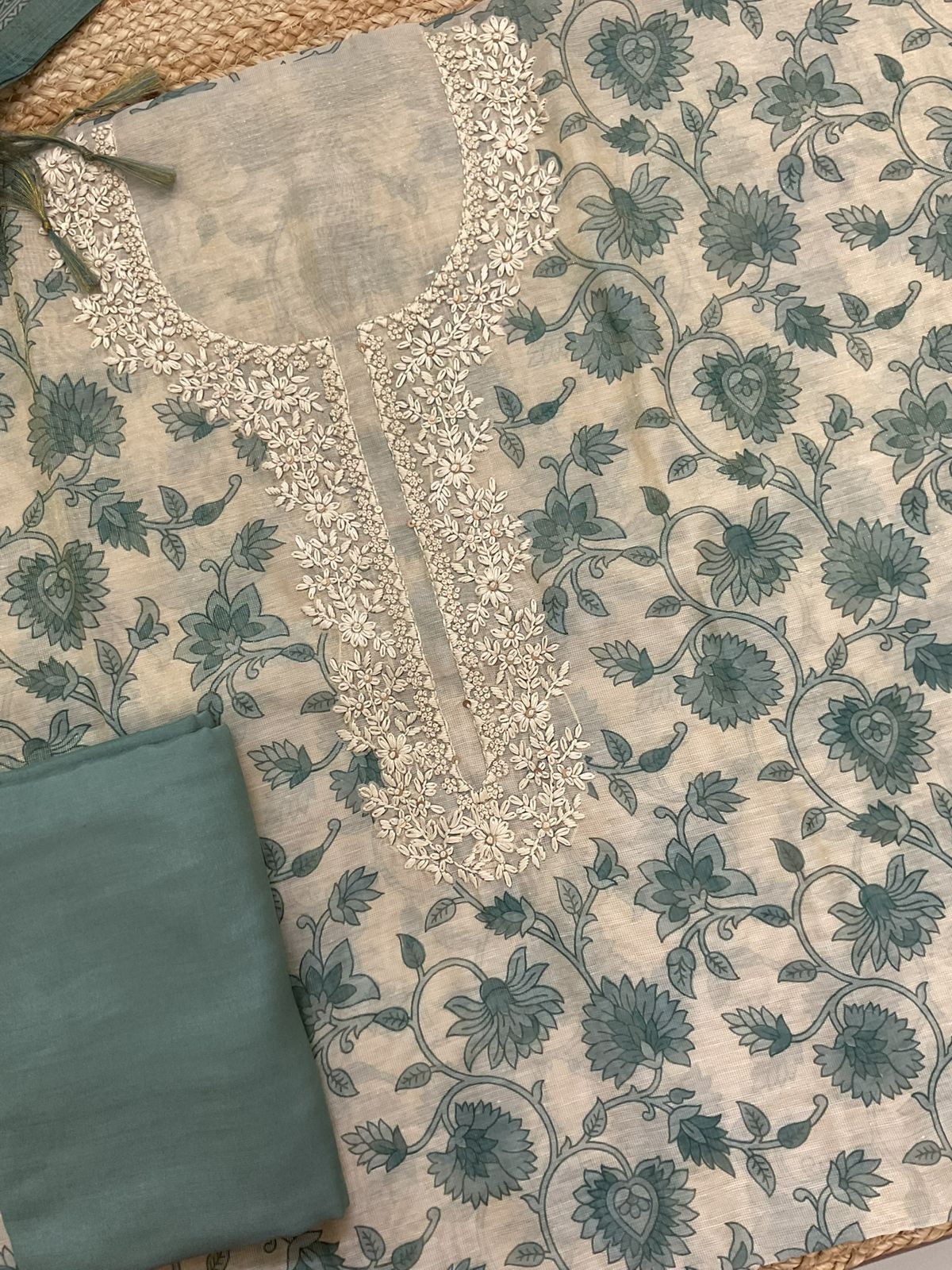 Soft Tissue Slub Cotton Printed Embroidered Suit - Beige