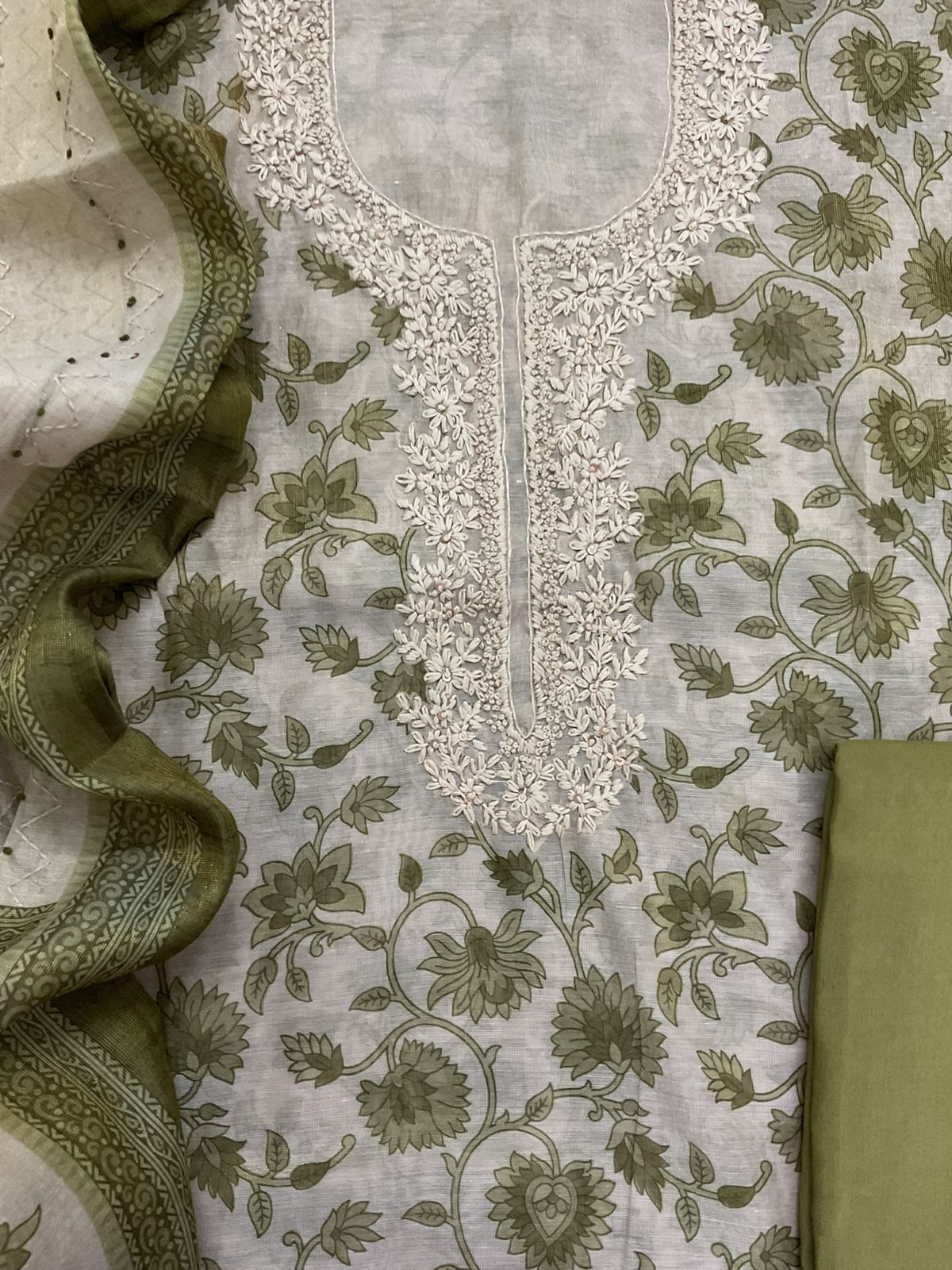 Soft Tissue Slub Cotton Printed Embroidered Suit - Beige