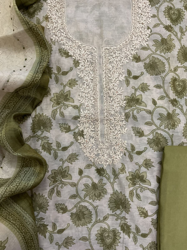 Image of Soft Tissue Slub Cotton Printed Embroidered Suit - Beige