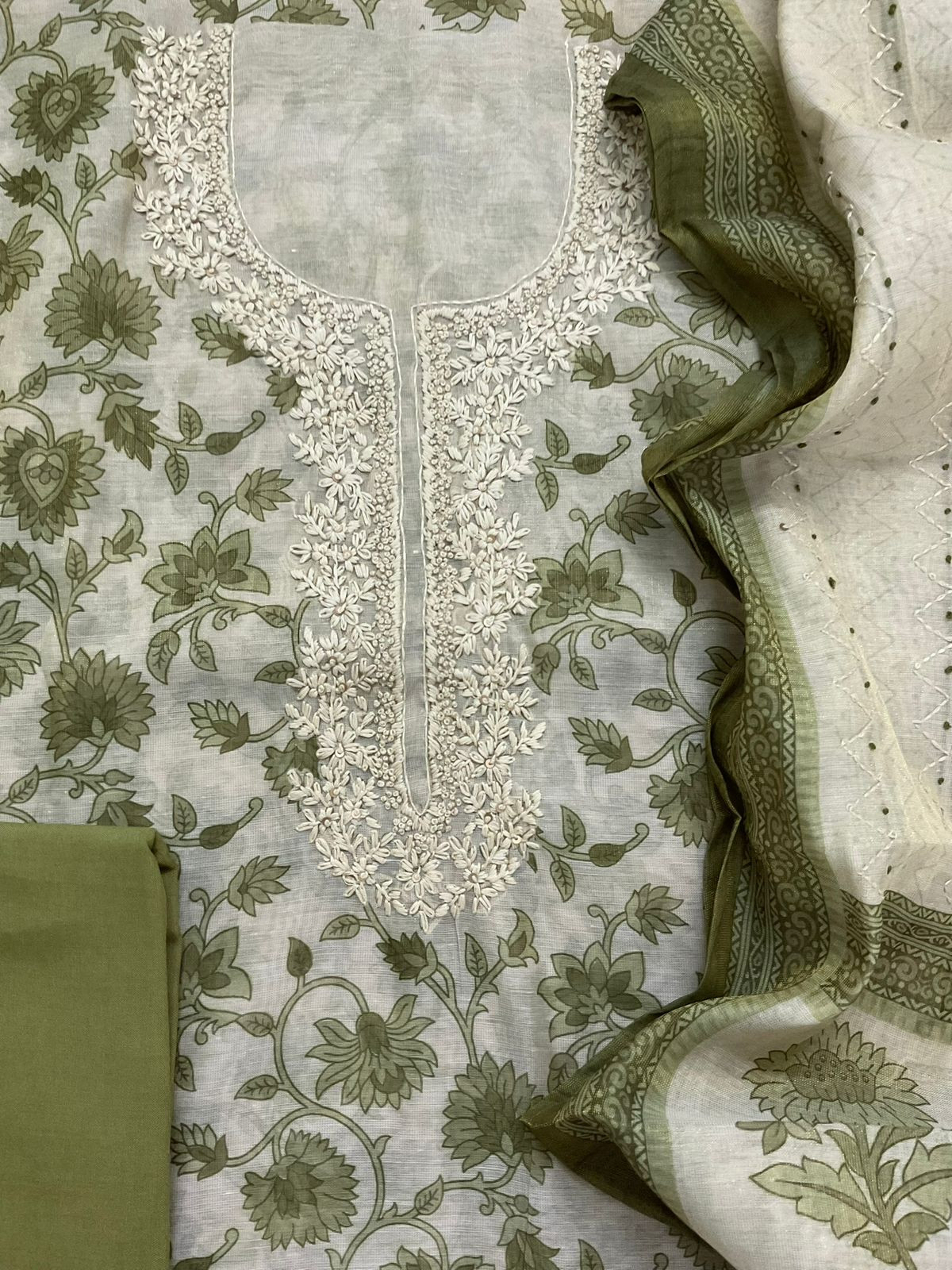 Soft Tissue Slub Cotton Printed Embroidered Suit - Beige