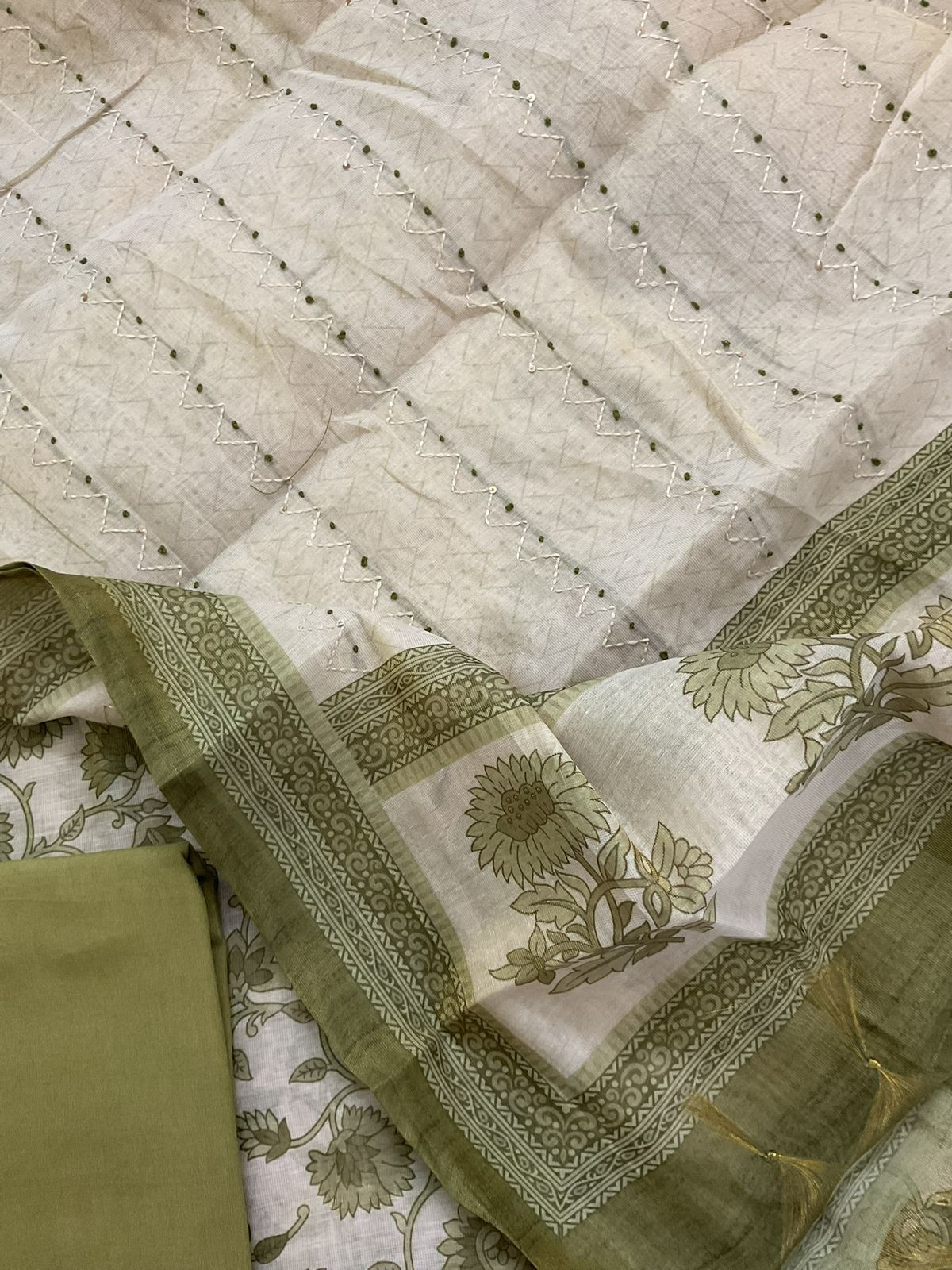 Soft Tissue Slub Cotton Printed Embroidered Suit - Beige