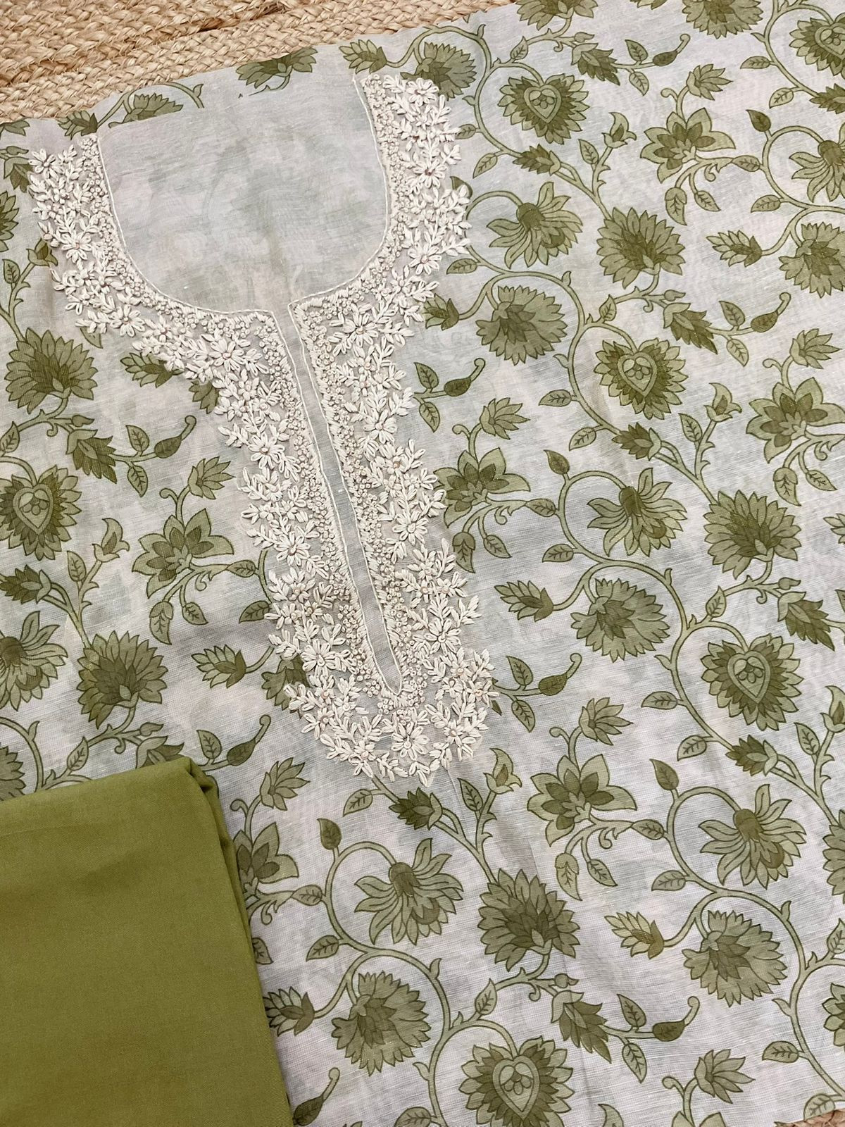 Soft Tissue Slub Cotton Printed Embroidered Suit - Beige
