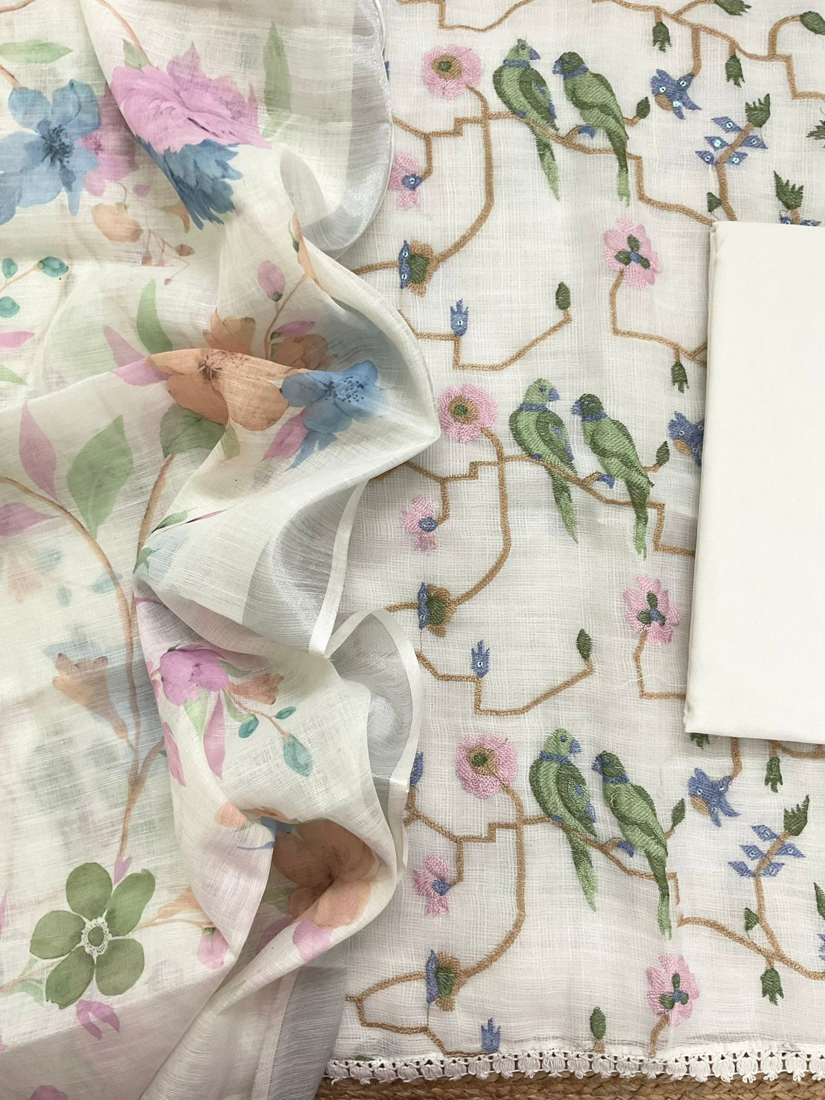 Soft Jute Kota Cotton Embroidered Suit - Off White