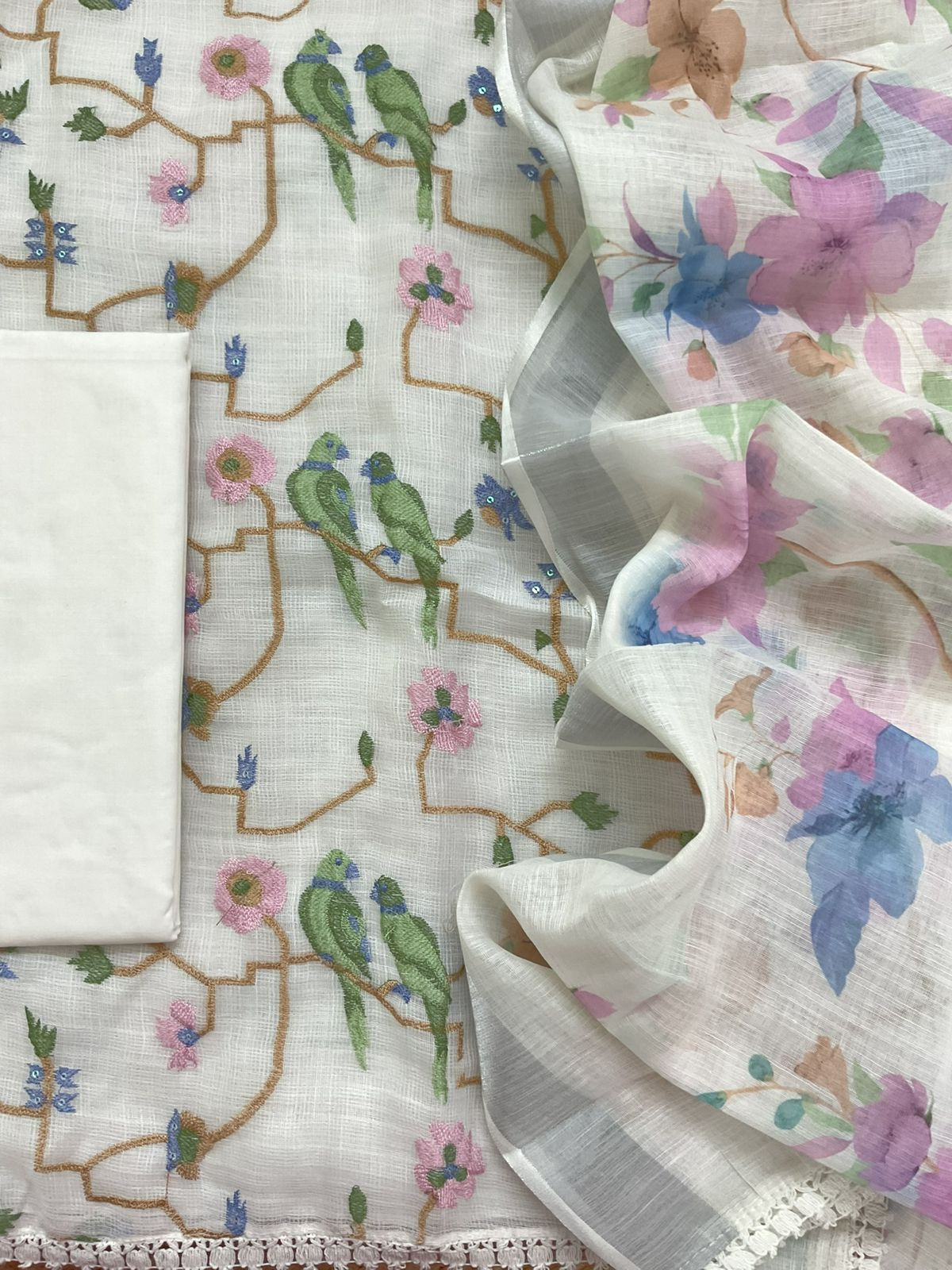 Soft Jute Kota Cotton Embroidered Suit - Off White