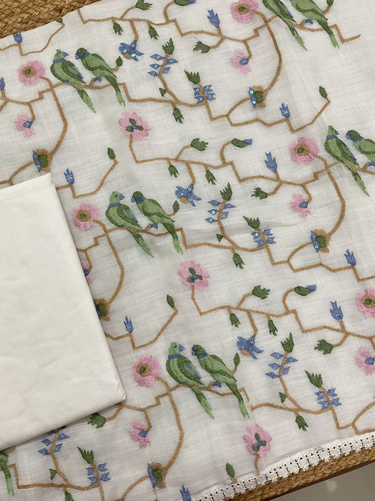 Soft Jute Kota Cotton Embroidered Suit - Off White