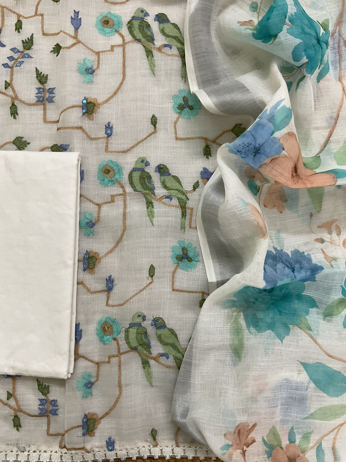 Soft Jute Kota Cotton Embroidered Suit - Off White