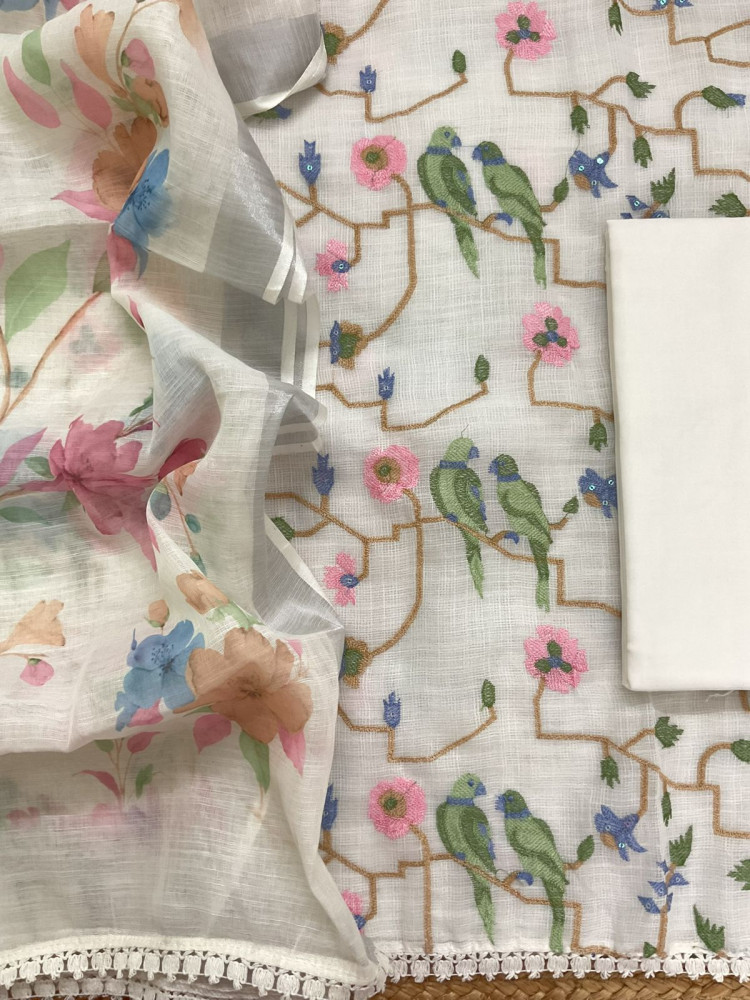 Image of Soft Jute Kota Cotton Embroidered Suit - Off White