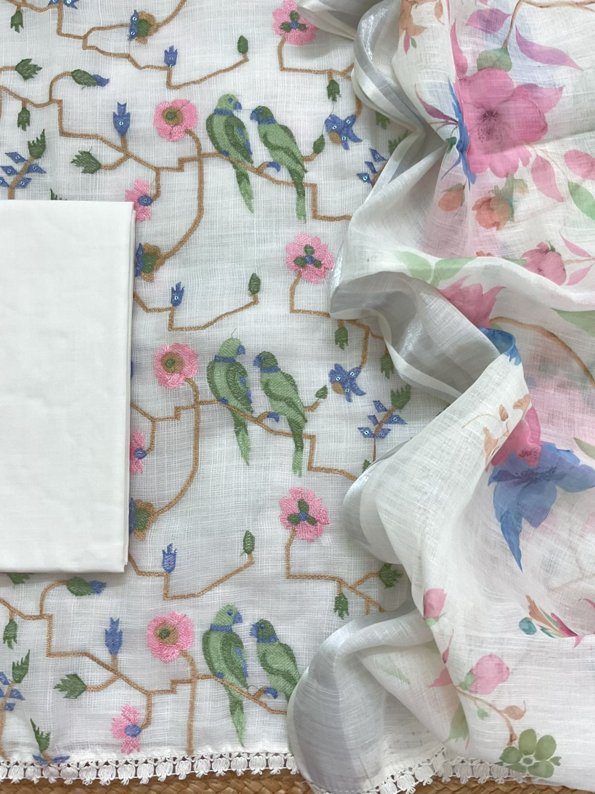 Soft Jute Kota Cotton Embroidered Suit - Off White