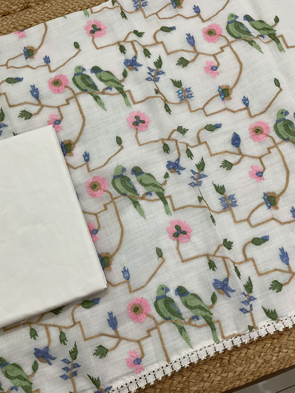 Soft Jute Kota Cotton Embroidered Suit - Off White