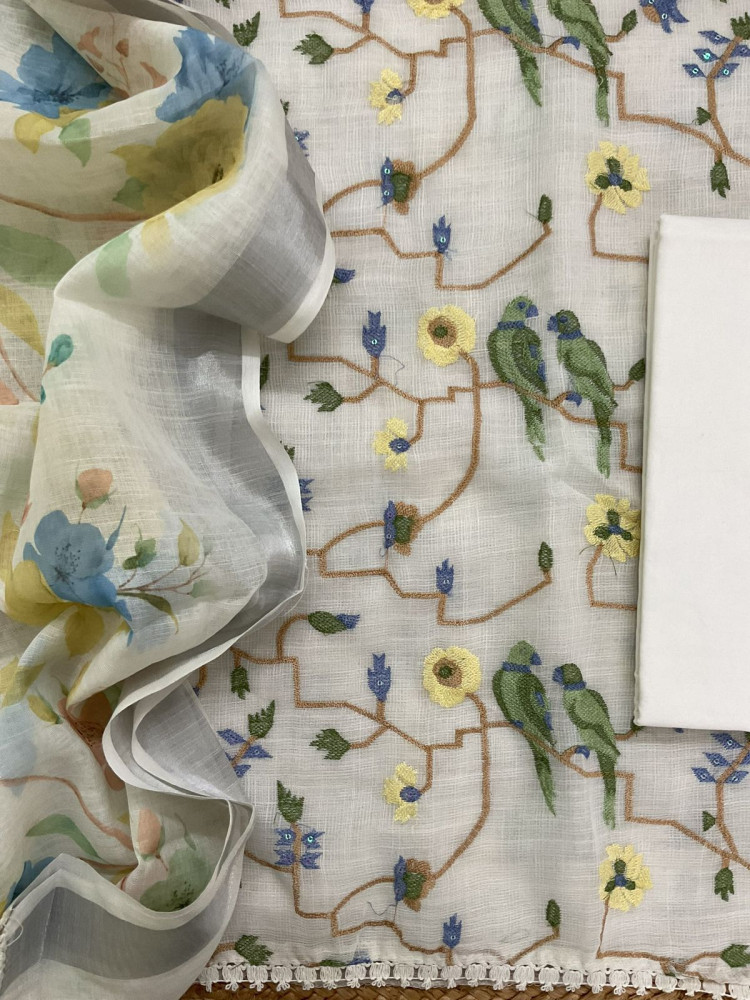 Image of Soft Jute Kota Cotton Embroidered Suit - Off White