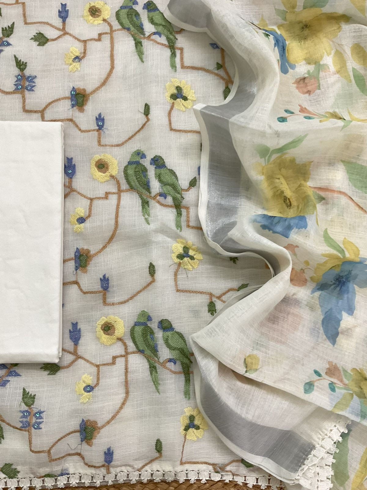 Soft Jute Kota Cotton Embroidered Suit - Off White