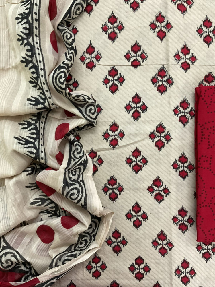 Image of Pure Cotton Printed Self Weaved Suit - Beige