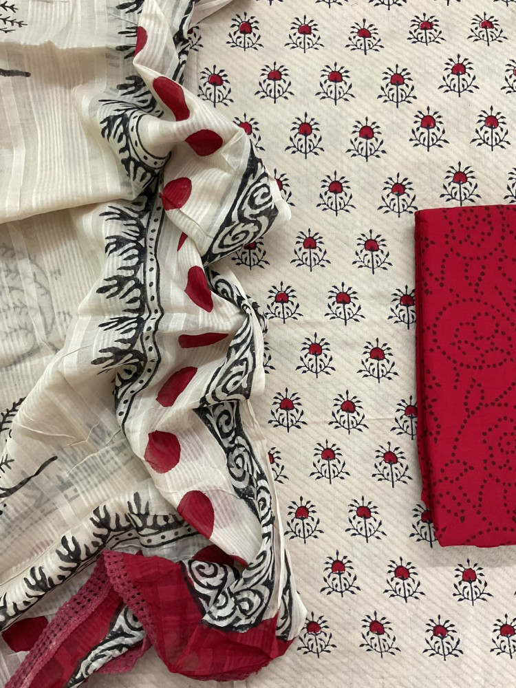 Image of Pure Cotton Printed Self Weaved Suit - Beige