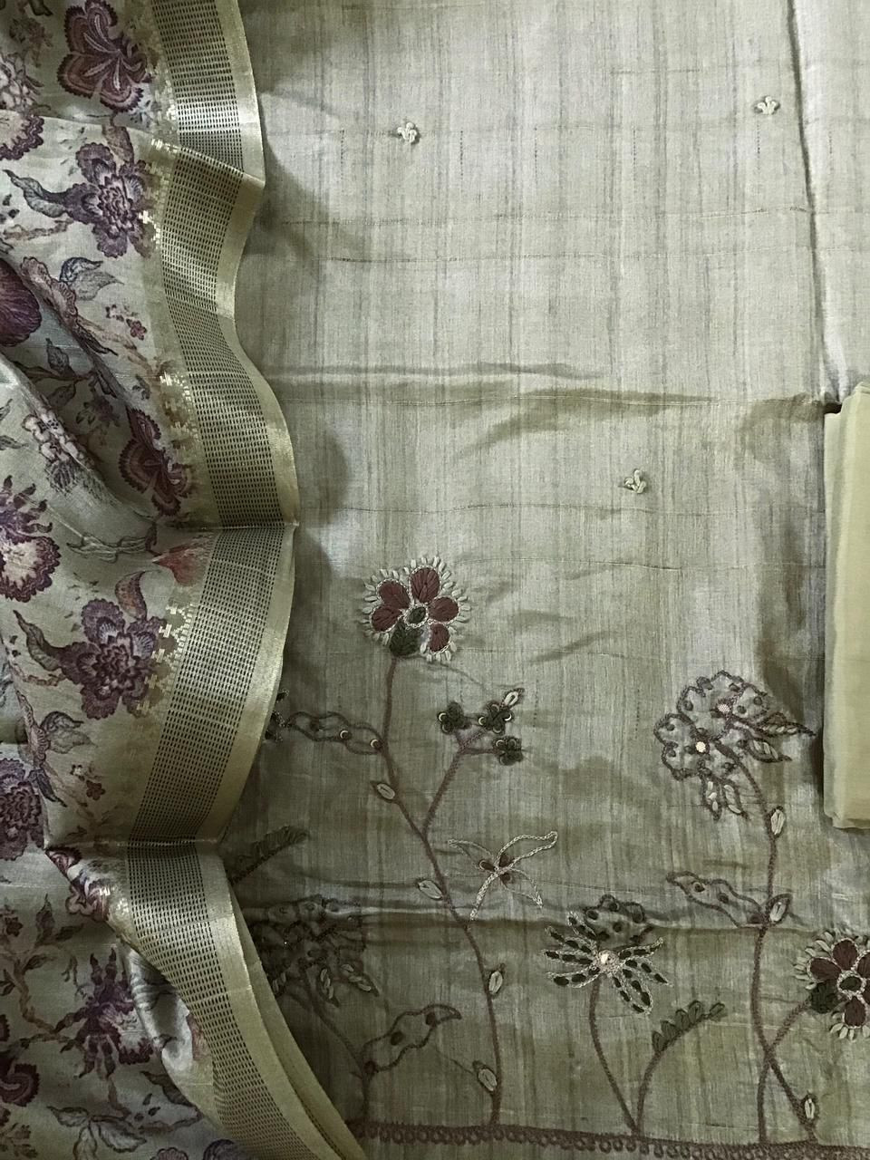 Soft Fine Semi Tussar Printed Embroidered Suit - Beigish Green