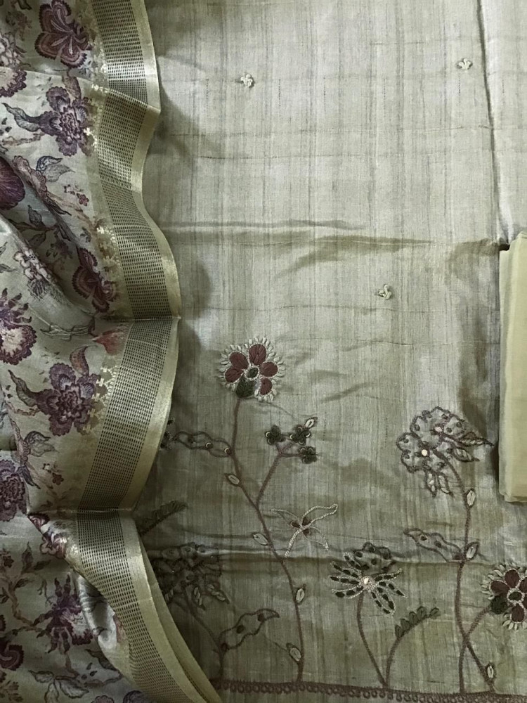 Image of Soft Fine Semi Tussar Printed Embroidered Suit - Beigish Green