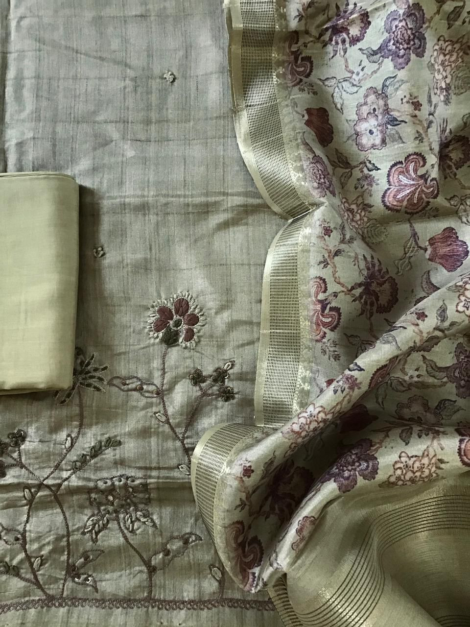 Soft Fine Semi Tussar Printed Embroidered Suit - Beigish Green