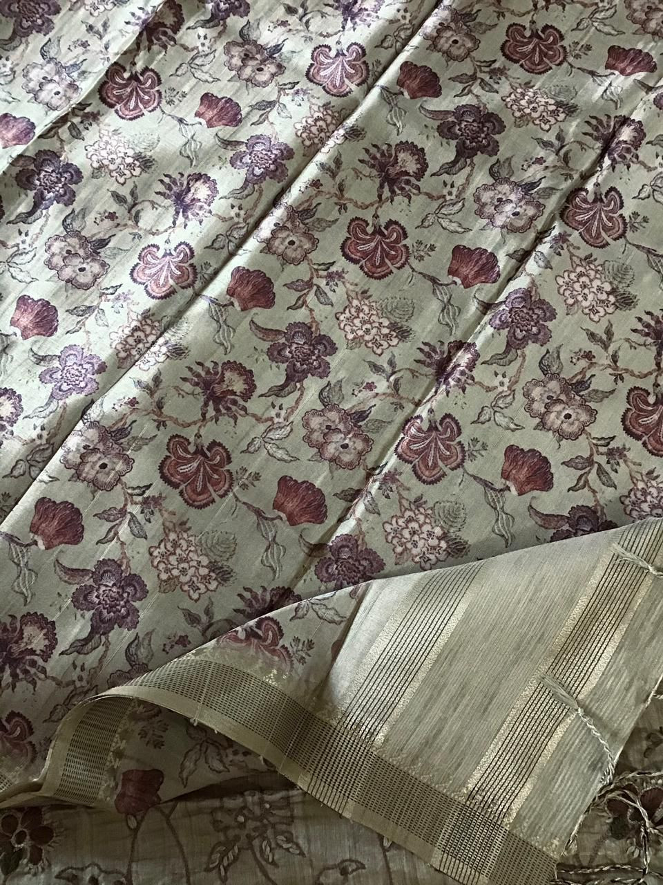 Soft Fine Semi Tussar Printed Embroidered Suit - Beigish Green
