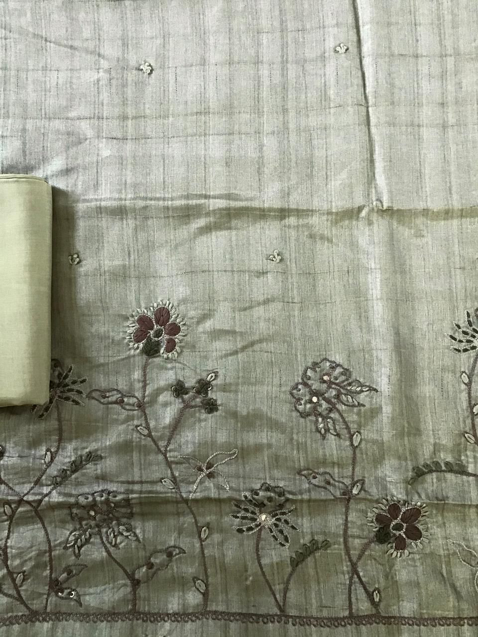 Soft Fine Semi Tussar Printed Embroidered Suit - Beigish Green