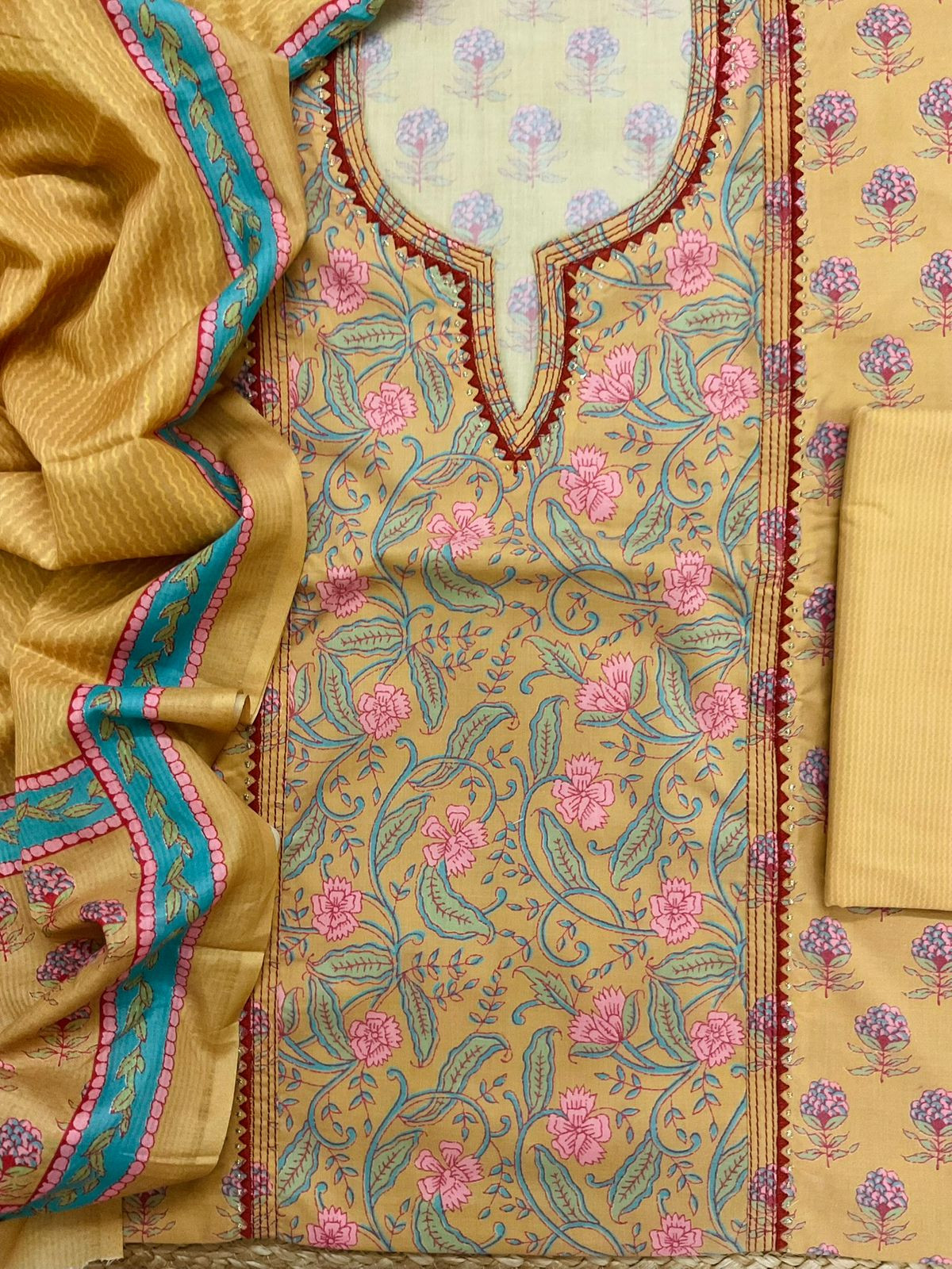 Pure Jaam Cotton Printed Embroidered Suit - Yellow