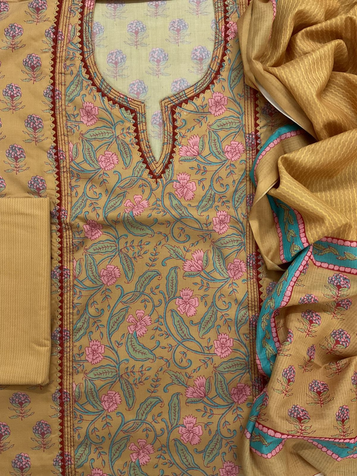 Pure Jaam Cotton Printed Embroidered Suit - Yellow