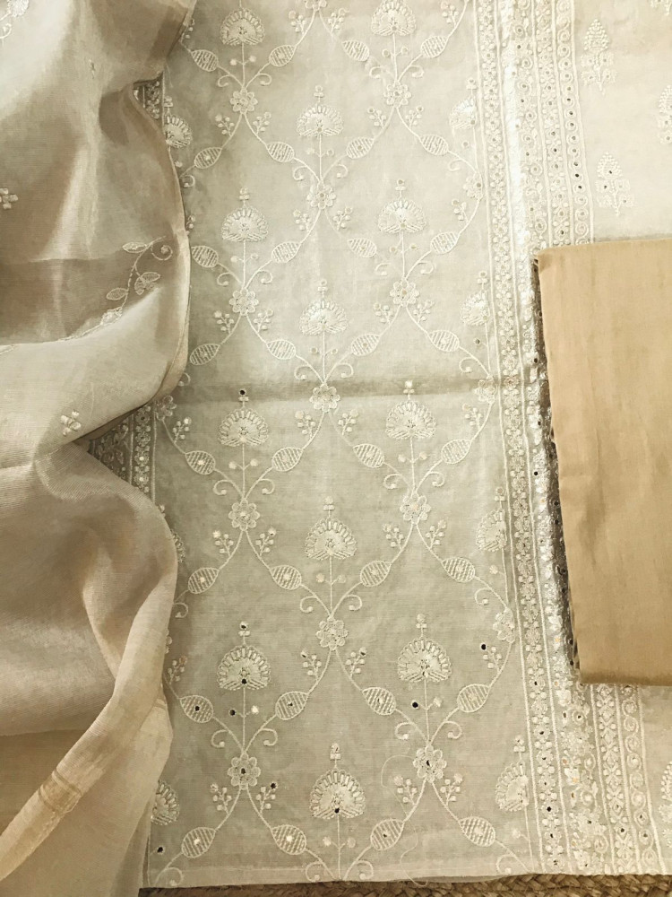 Image of Soft Tissue Chanderi Embroidered Suit - Beige
