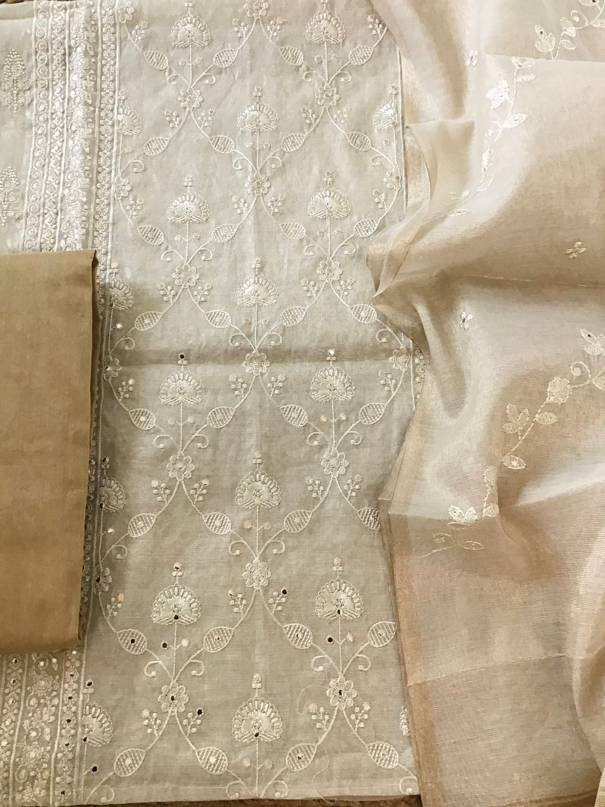 Soft Tissue Chanderi Embroidered Suit - Beige