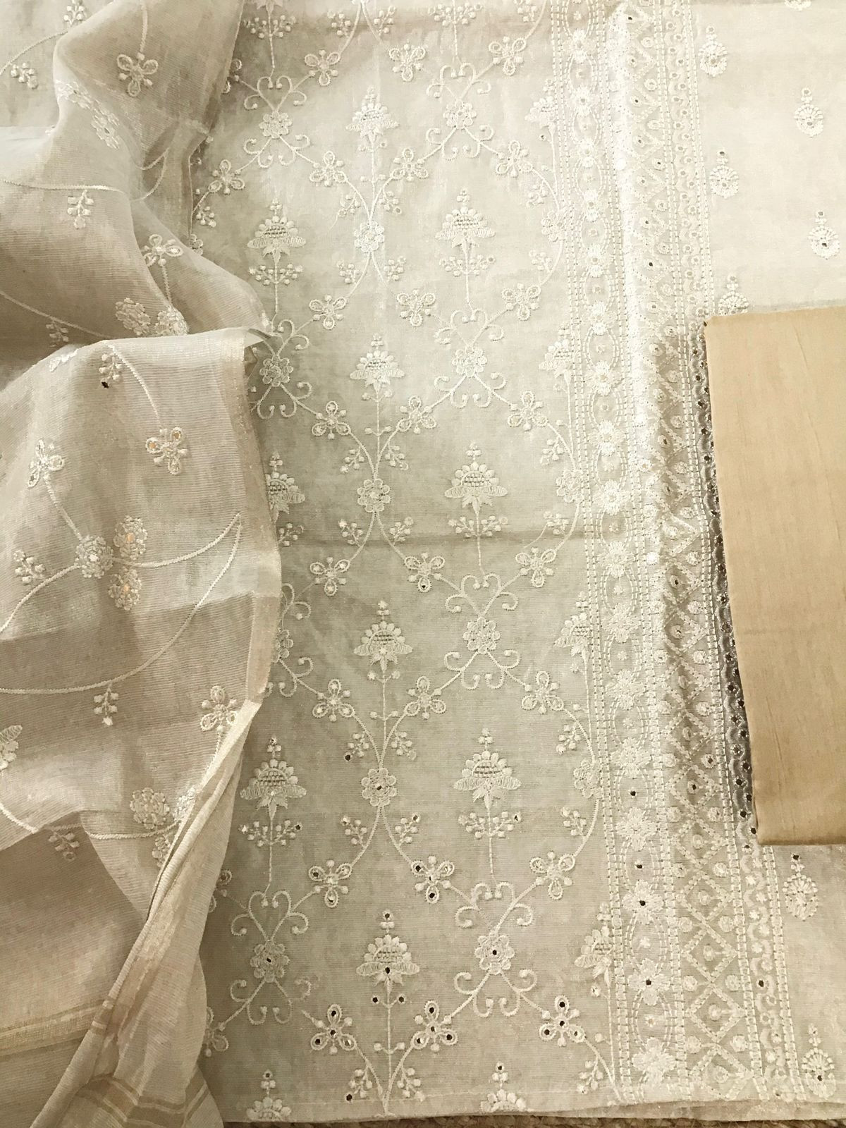 Soft Tissue Chanderi Embroidered Suit - Beige