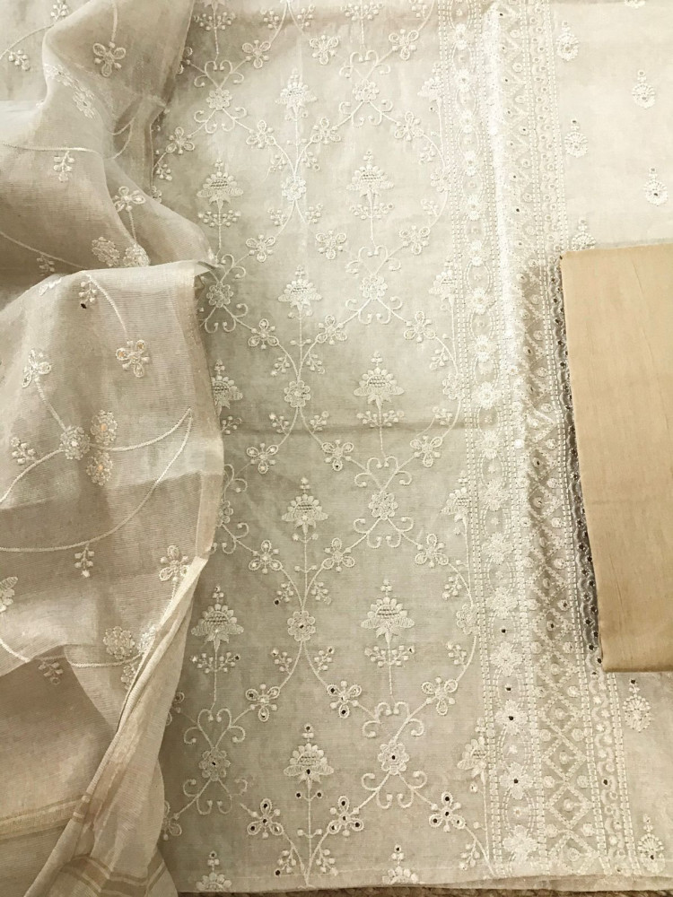 Image of Soft Tissue Chanderi Embroidered Suit - Beige