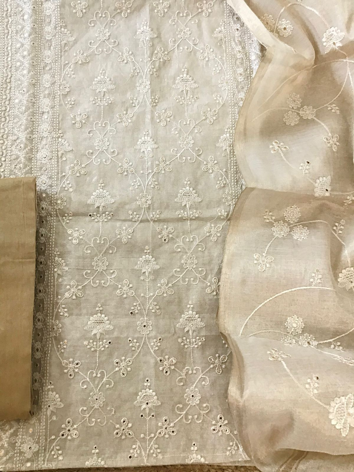 Soft Tissue Chanderi Embroidered Suit - Beige