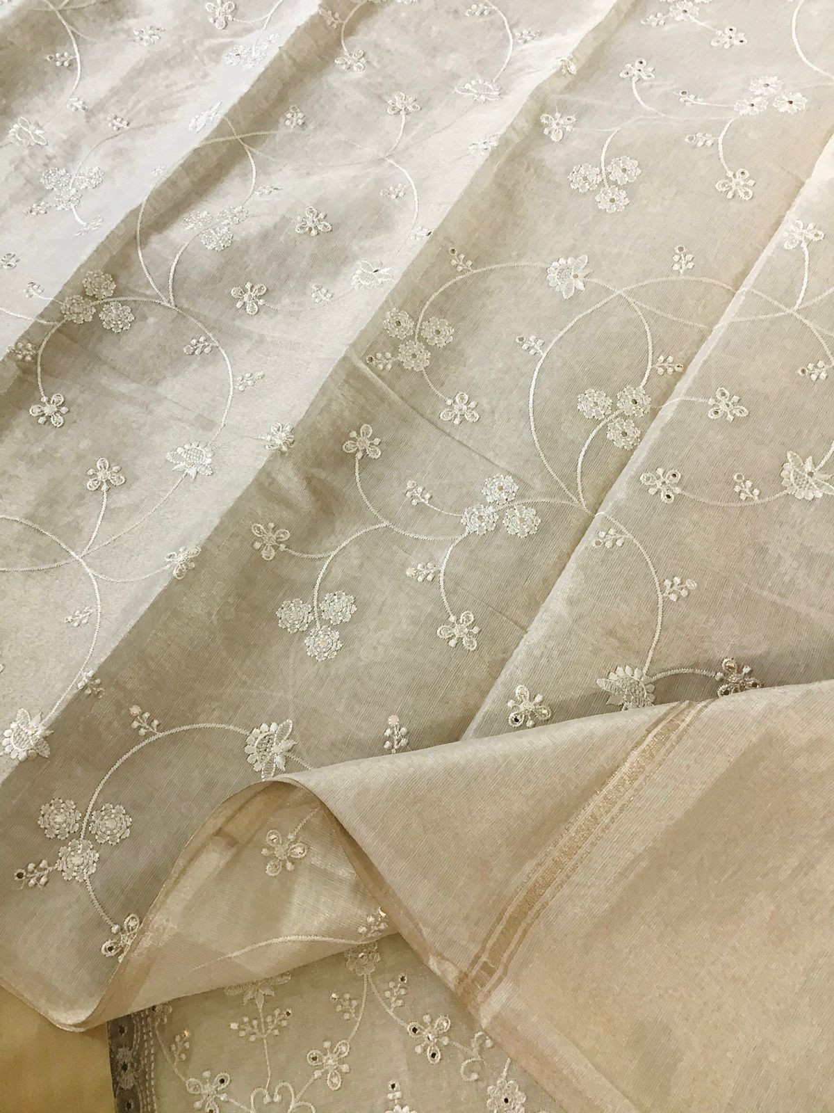 Soft Tissue Chanderi Embroidered Suit - Beige