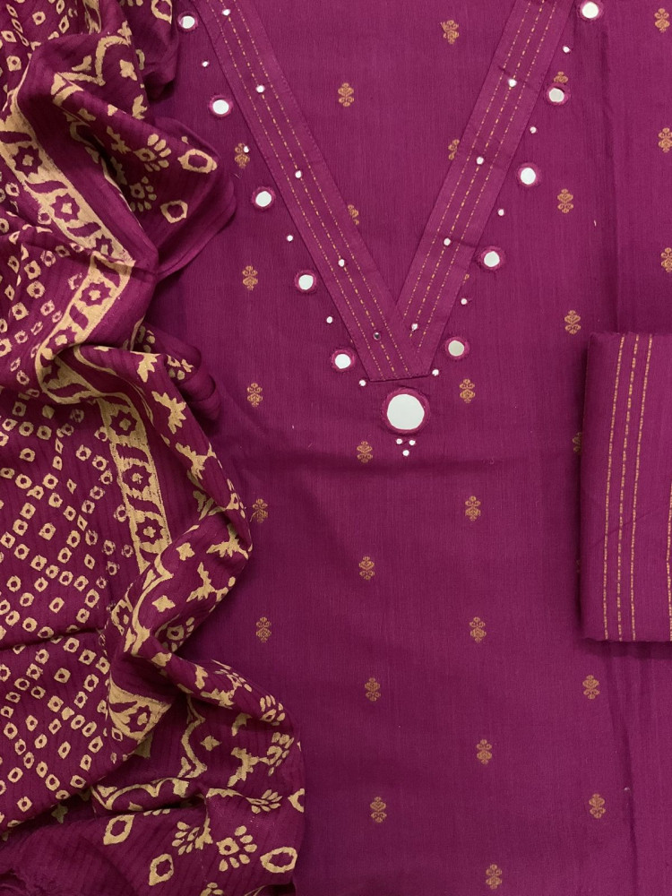 Image of Pure Handloom Cotton Self Weaved Printed Embroidered Suit - Wine
