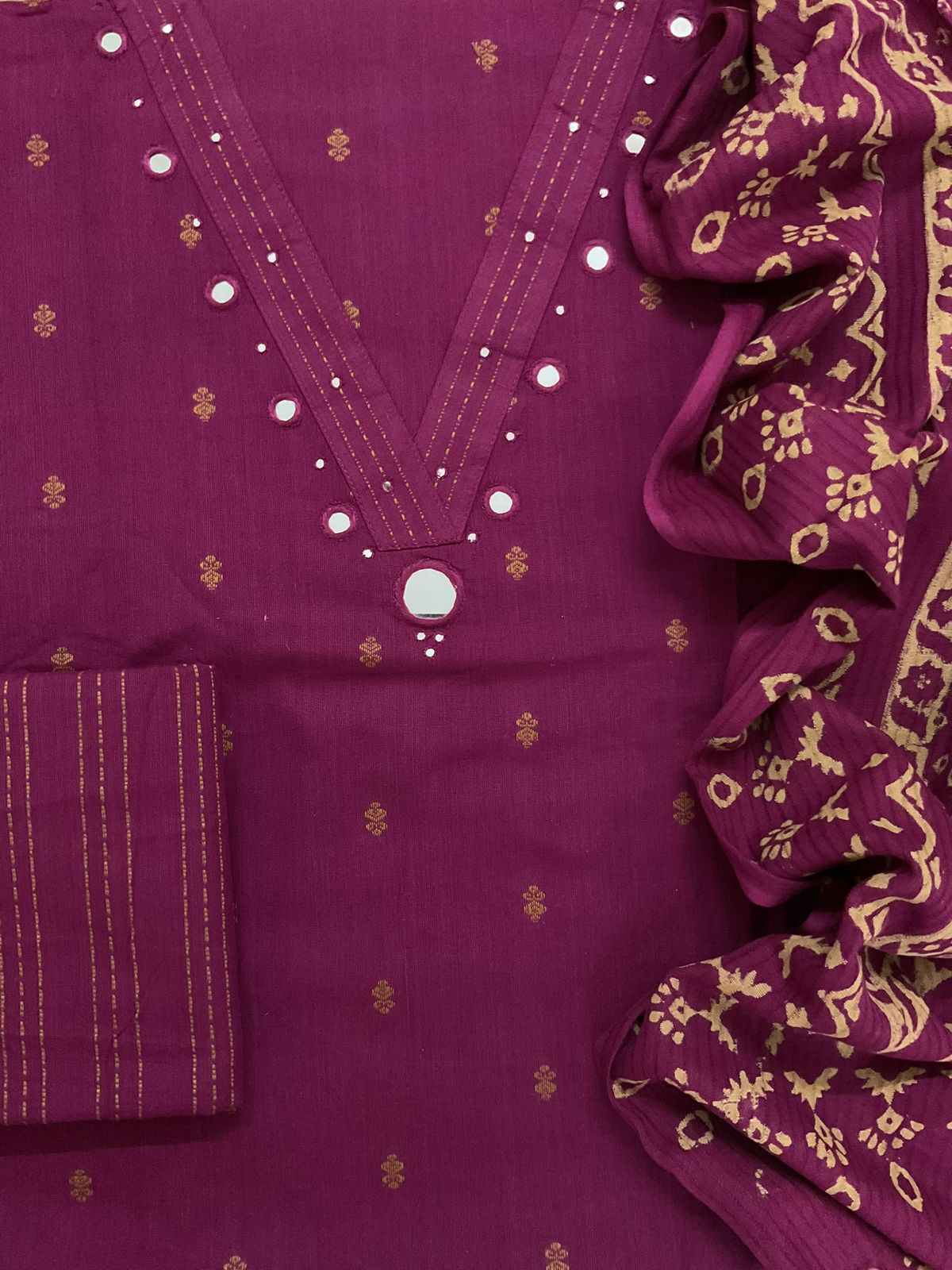 Pure Handloom Cotton Self Weaved Printed Embroidered Suit - Wine