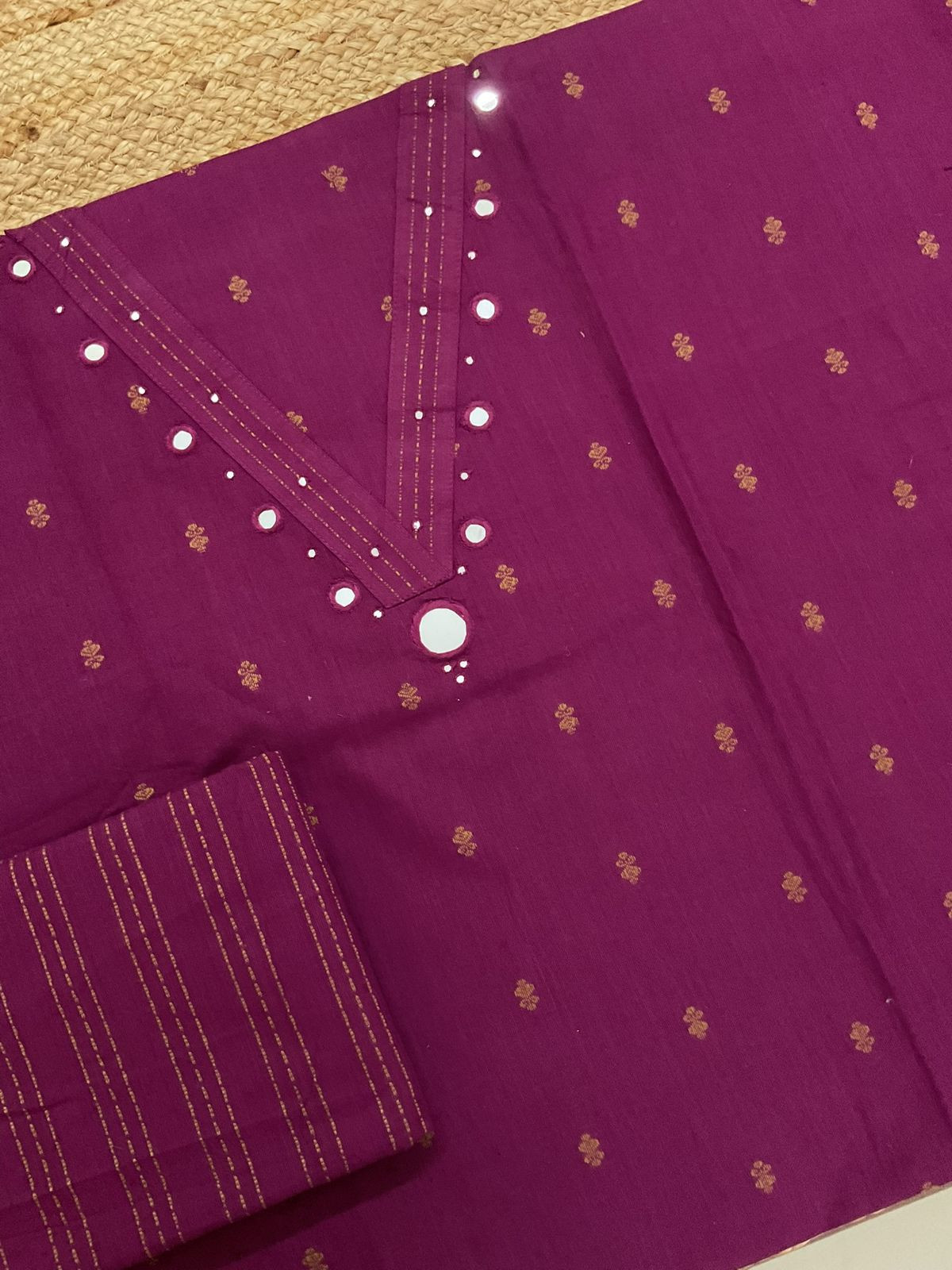 Pure Handloom Cotton Self Weaved Printed Embroidered Suit - Wine