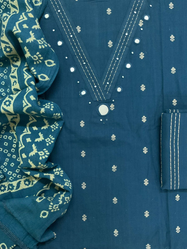 Image of Pure Handloom Cotton Self Weaved Printed Embroidered Suit - Blue