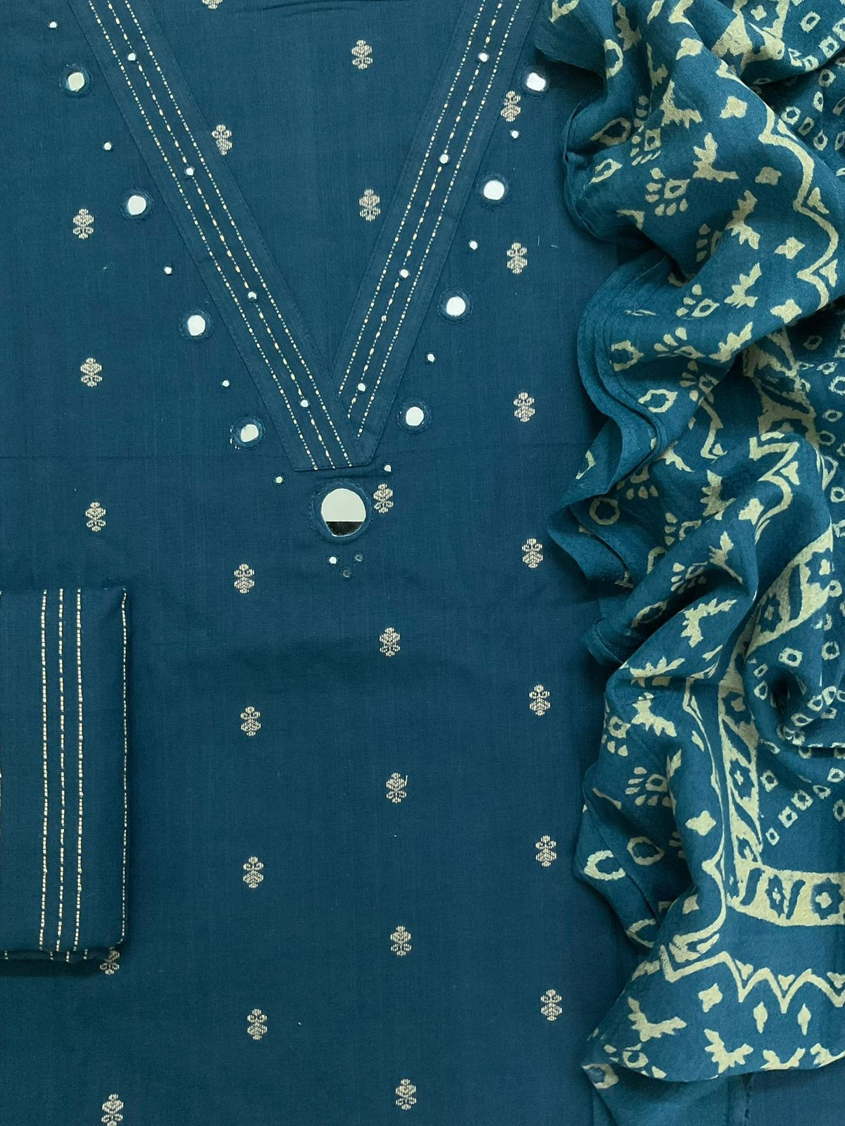 Pure Handloom Cotton Self Weaved Printed Embroidered Suit - Blue