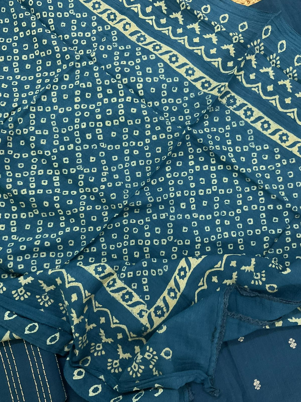 Pure Handloom Cotton Self Weaved Printed Embroidered Suit - Blue