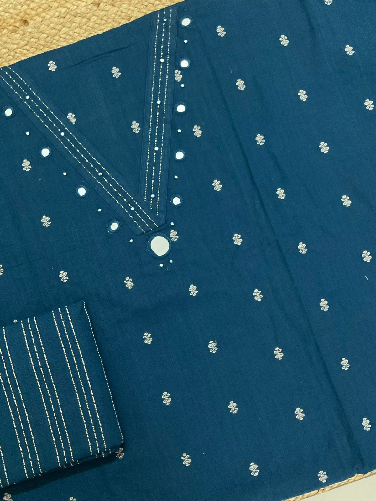 Pure Handloom Cotton Self Weaved Printed Embroidered Suit - Blue