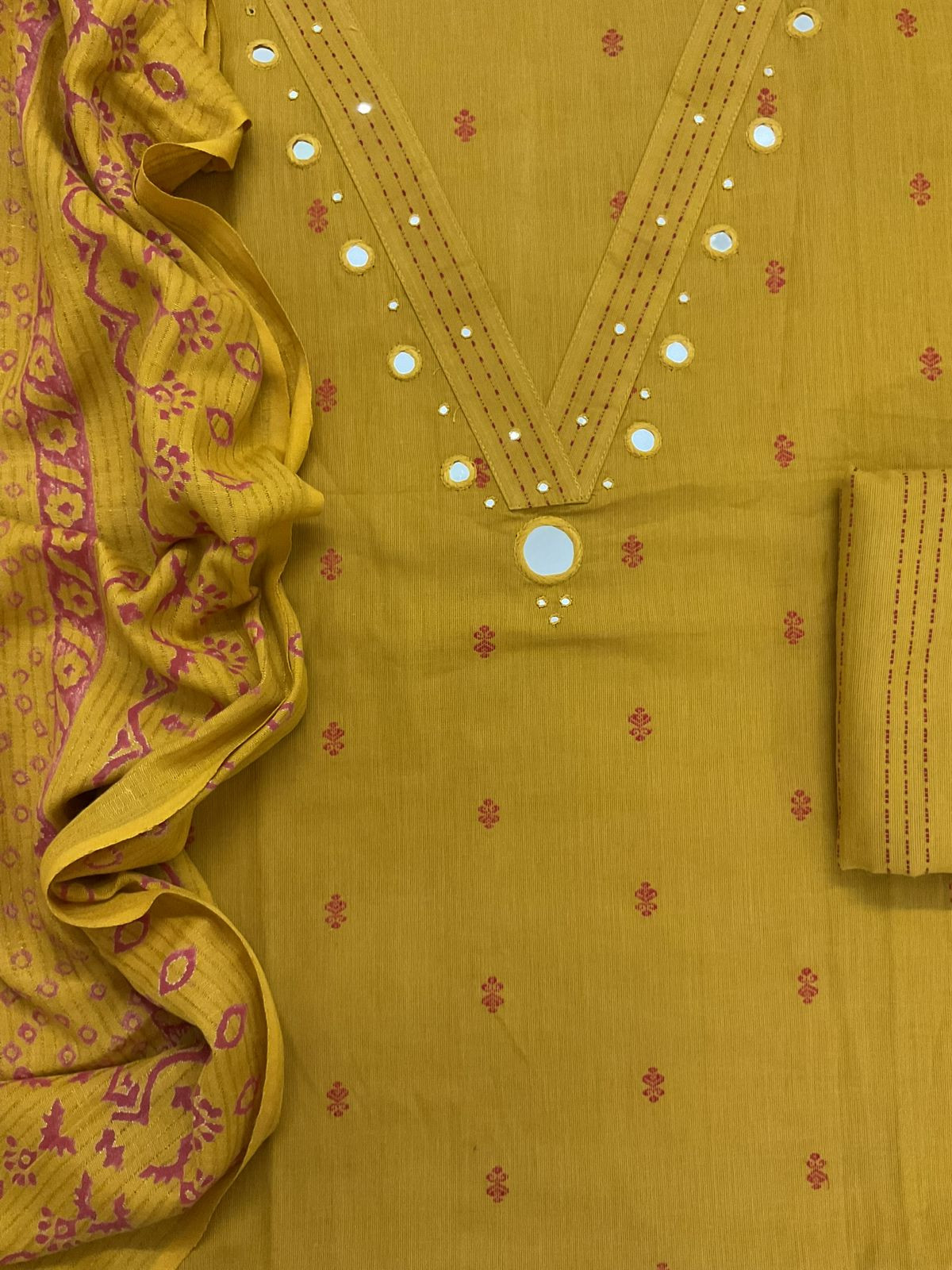 Pure Handloom Cotton Self Weaved Printed Embroidered Suit - Yellow