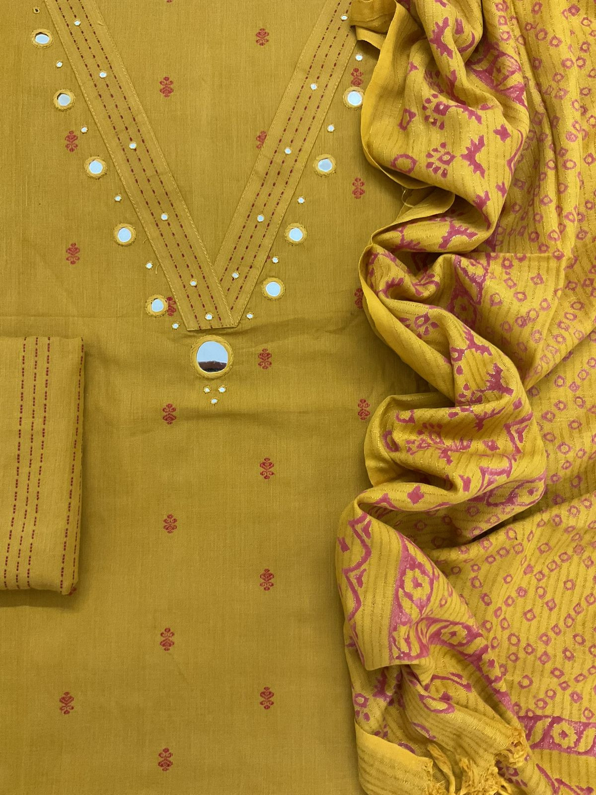 Pure Handloom Cotton Self Weaved Printed Embroidered Suit - Yellow