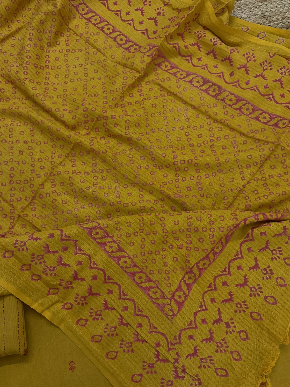 Pure Handloom Cotton Self Weaved Printed Embroidered Suit - Yellow