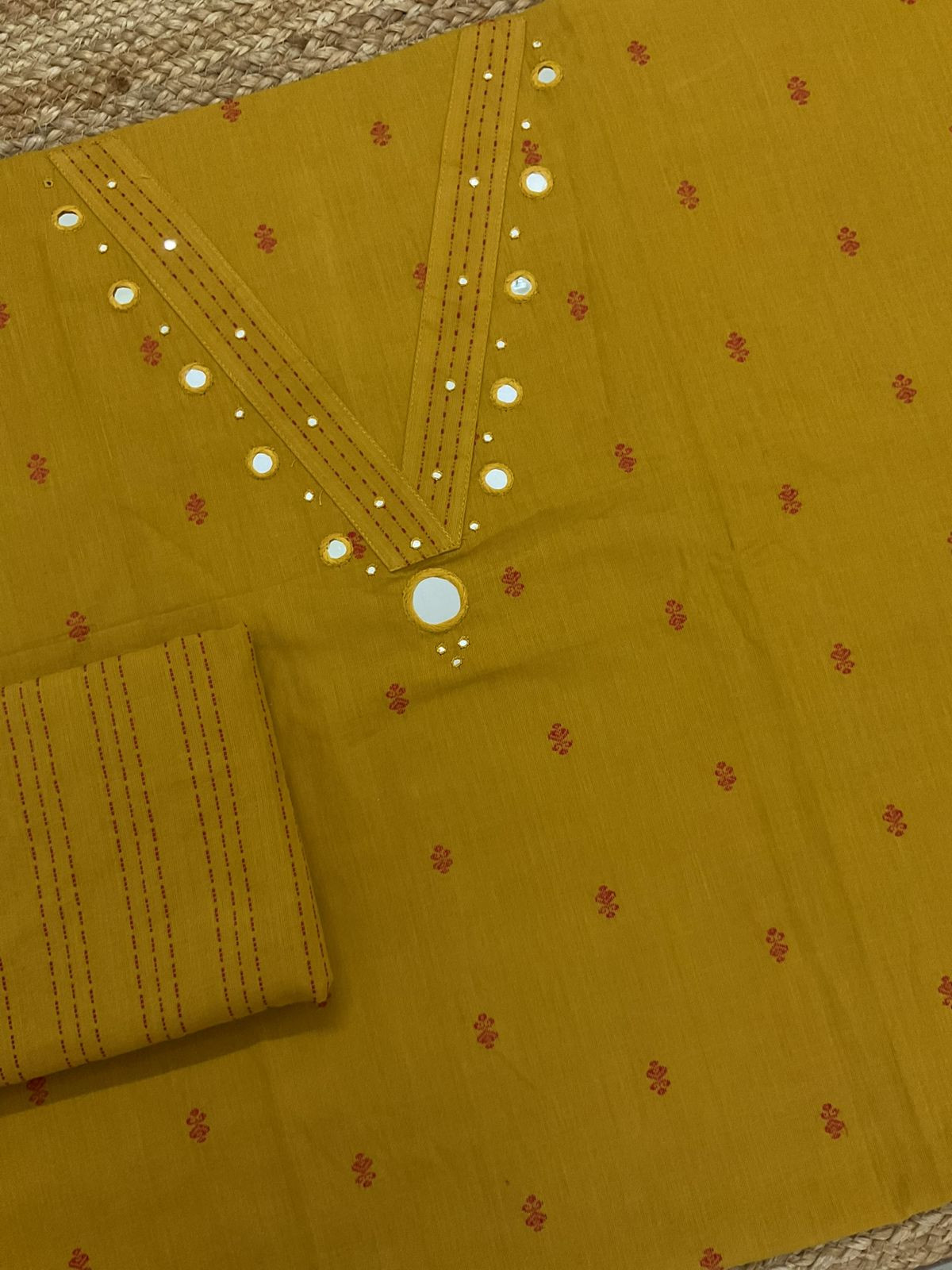 Pure Handloom Cotton Self Weaved Printed Embroidered Suit - Yellow